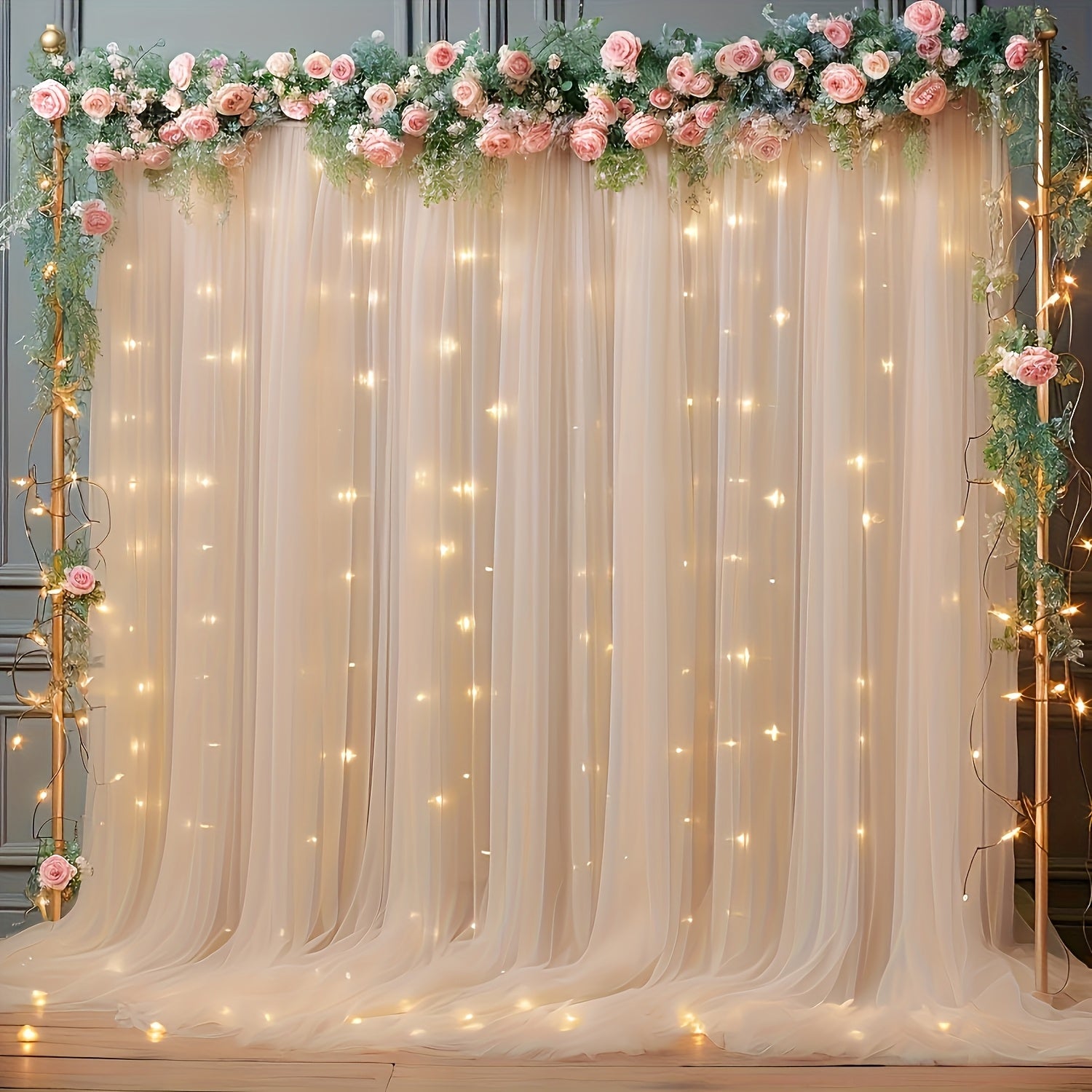 2pcs Photo Booth Props 5.2X10Ft Champagne Tulle Backdrop Non-Porous Tulle with String Lights for Party, Sheer Curtain Backdrop Wedding for Party Home Decoration
