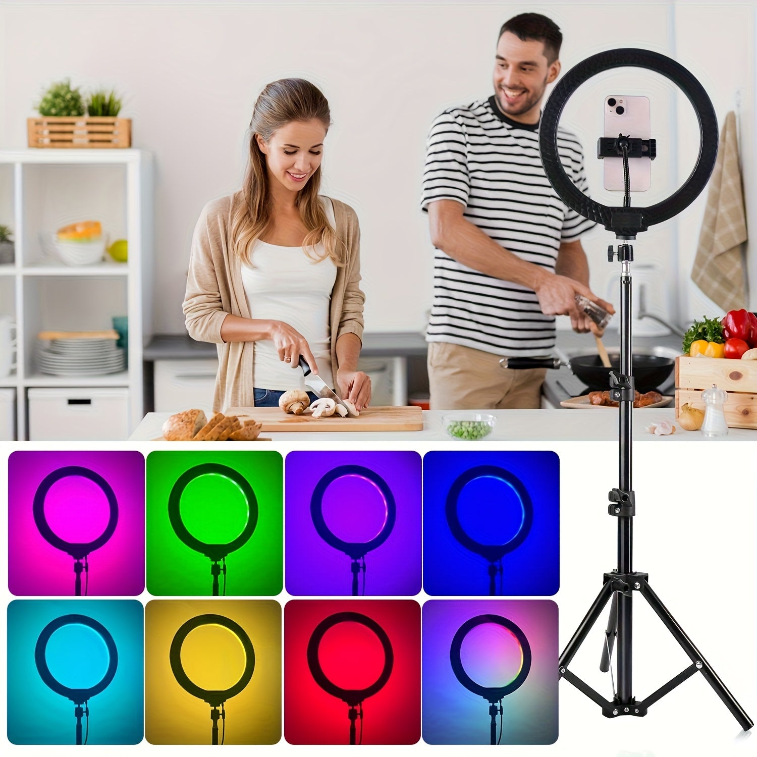 12''Selfie Ring Light, with Phone Holder&360° Rotating Pan Head, Desk Tripod, 17 RGB Lighting Modes, for iPhone &Android Camera.