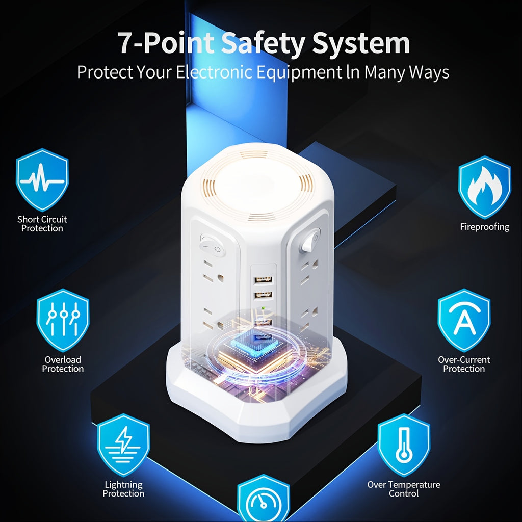 17in 1 PASSUS Power Tower Surge Protector Power Strip with USB Ports, Extension Cord Overload Protection for Home Office Dorm Room (White)