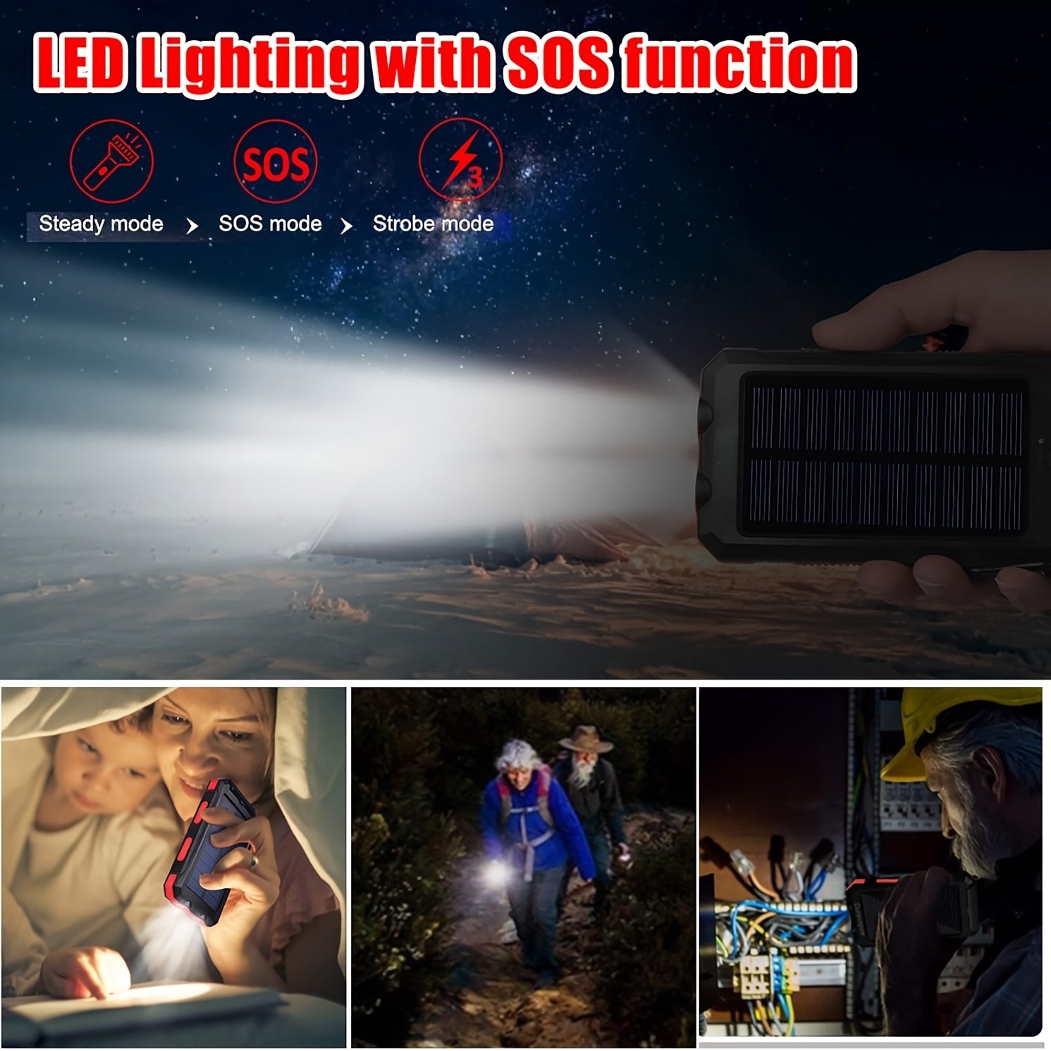 [Outdoor Camping] 20000Mah USB Portable Charger Solar Power Bank, Dual 5V USB Port Output for All Mobile Devices Built-In Flashlight with Compass for Outdoor Camping Emergency Use, Power Bank Portable Portable Power Bank Solar Power Bank Battery Power Ban