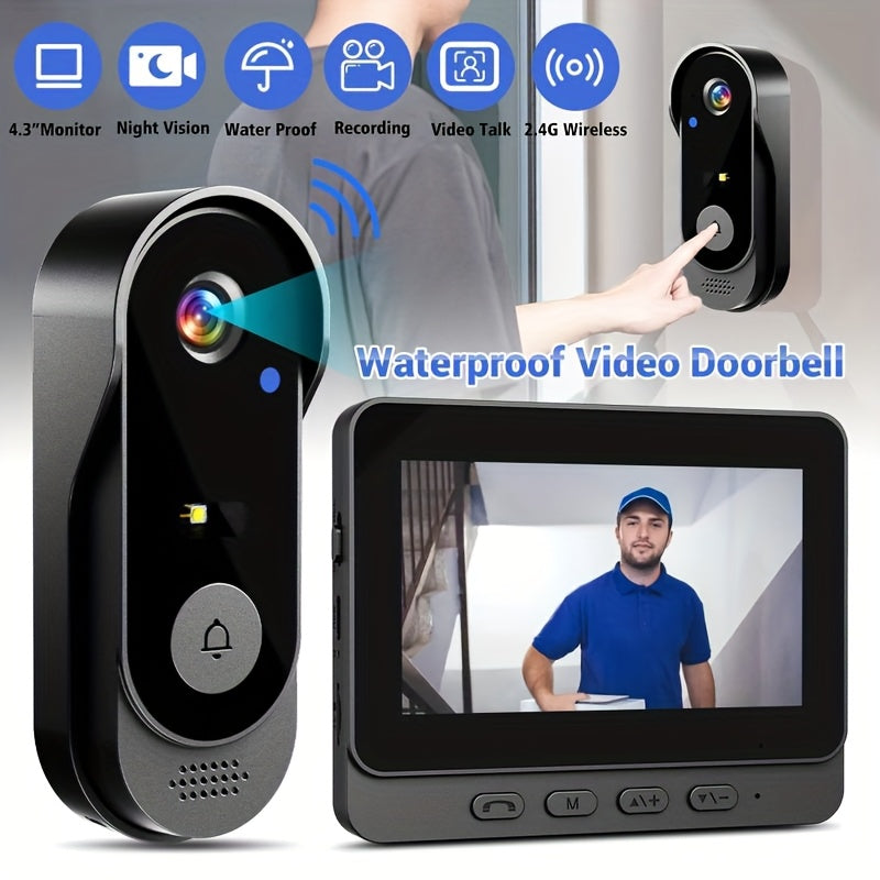 Smart HD WiFi Doorbell, High Quality High-Quality Wireless Camera with Night Vision, Voice Converter, Photos & Videos, 4.3-Inch Screen, 365-Day Standby, Infrared Night Light, Expandable to 128GB Storage, Auto-Recording and Live Call, Home Pet