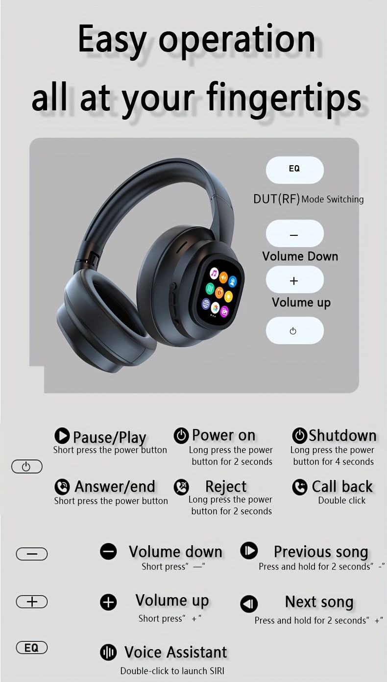 New Hybrid Active Noise-cancelling Headphones(with Touchscreen), Intelligent AI Translation, Remote Control Photography, Wireless Headphones with Microphone, Soft Ear Pads, Multiple EQ Bass, Comfortable Fit Ear Cups, Suitable for Tablets