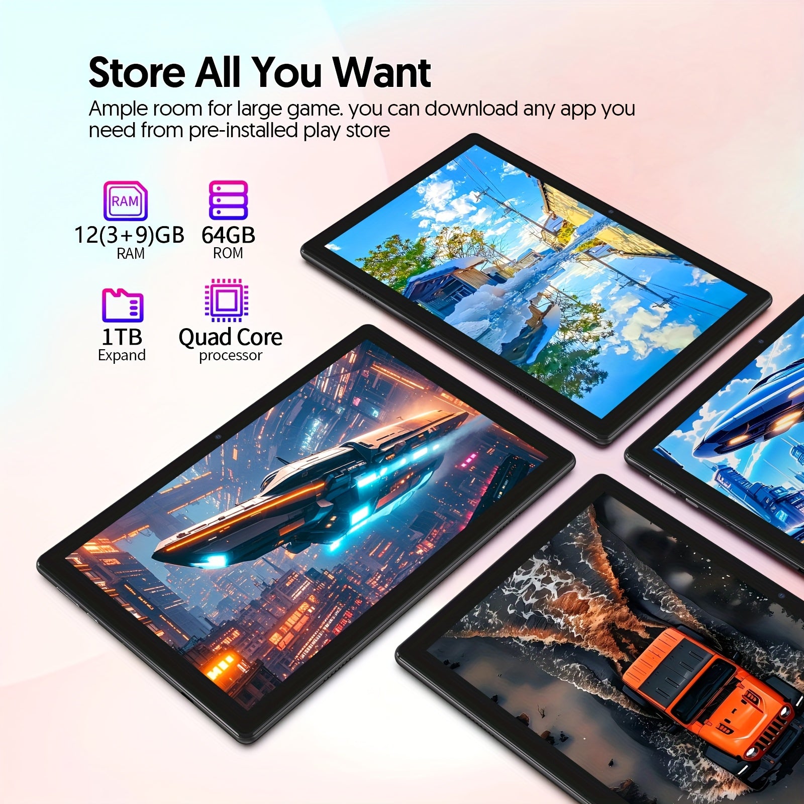 Android 15 Tablet Latest Tablets, 10 Inch Tablet 12(3+9)GB RAM 64GB ROM 1TB Expand, 6000mAh Battery 2 In 1 Tablet With Optional Keyboard, Case, Stylus, 4-Core Tablet PC, WiFi, 2MP+8MP Dual Camera, 1280 * 800 FHD IPS Screen