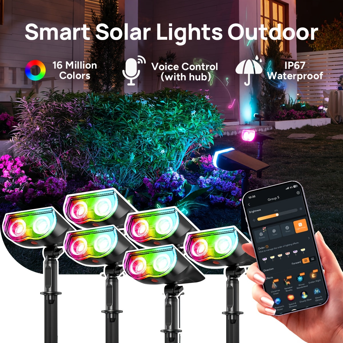 Smart Solar Outdoor Lights, Smart Color Changing RGB Spotlights, Waterproof, APP/Voice Control, Cool/Warm White/Color Changing, Landscape Accent Lighting, Light Shows And Music Sync, Timer And Schedule Supported, For St. Patrick'S Day Decorations Fo