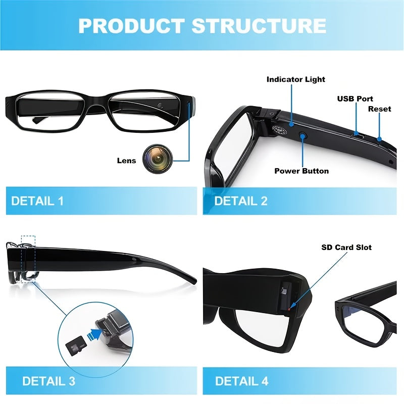 [1080P] Includes A 32GB TF Card, 1080P HD Mini Video Glasses Camera, Portable Digital Recorder With TF Card Slot, No Driver Required For Easy PC Or Laptop Connection. USB-Powered Glasses For Sports, Outdoor Activities, And Meetings. With These Glasses