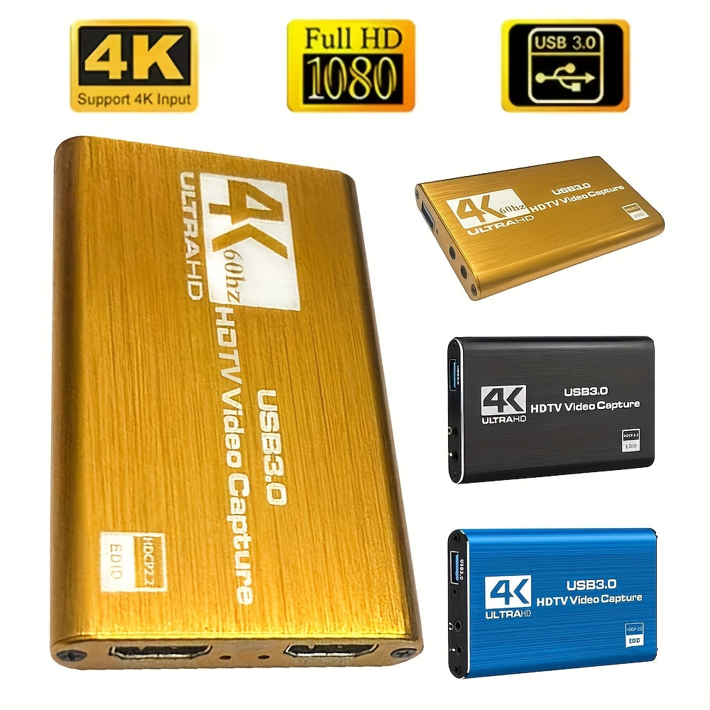 A USB 3.0 Video Capture Card Supporting 4K UHD 60Hz, 1080P 60Frame HD Recorder, Compatible with Live Game Streaming And OBS Capture