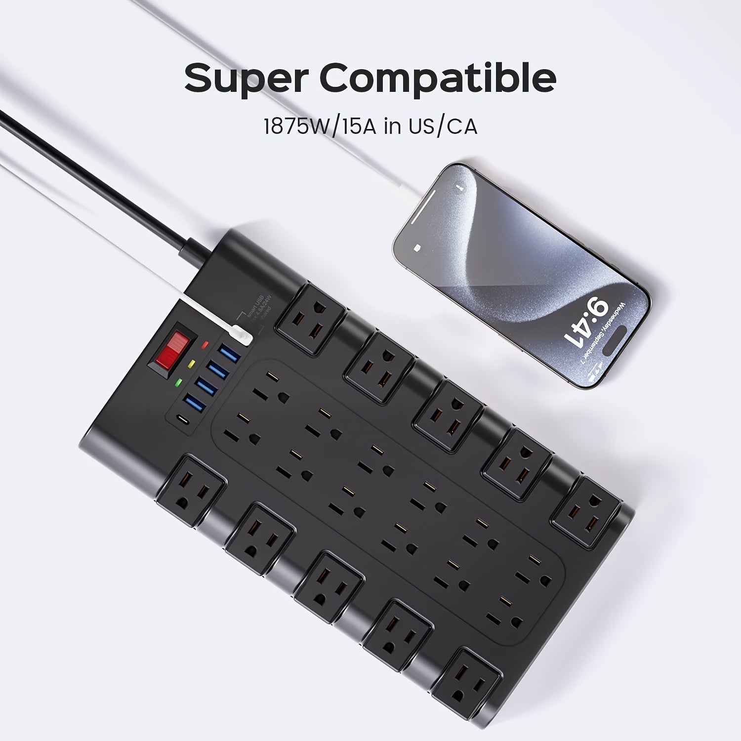 Extension Cord 5/7/13ft, Surge Protector Power Strip with 6 USB Charging Ports(24W/4.8A) And 22 AC Outlets(1875W/15A), 2100 Joules, Flat Plug Power Outlet, Wall Mount, Switch, Overload Protection for Home, Office, Dorm, Gaming Room, Black