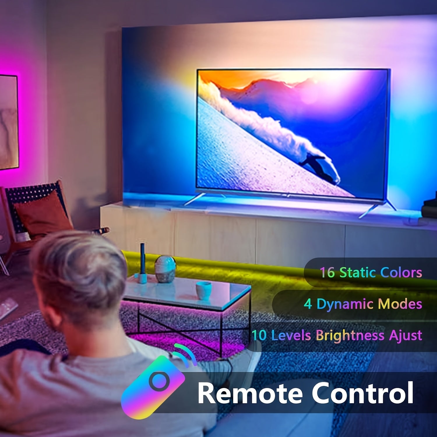 USB- RGB LED Strip Lights with Remote Control & Color-Changing Dimmable Backlight Suitable for TV, Bedroom, Party Decor, RGB Strips for Home Ambiance Lighting, Compatible for PC, Bookshelf, Ceiling Fan Wiring (No)