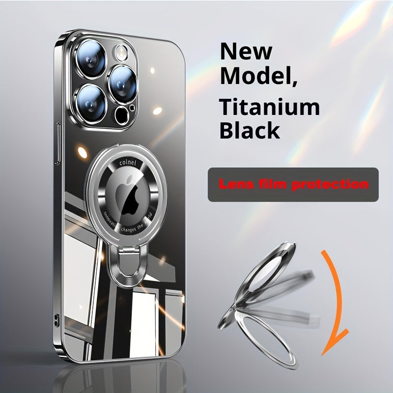 Phone Case: Compatible with iPhone 17 Pro Max Phone Case Magnetic U-Shield Stand Electroplated PC Full Coverage Shockproof Apple 16 Protective Case,, Transparent Back Panel Phone Case with Missing Label Design.