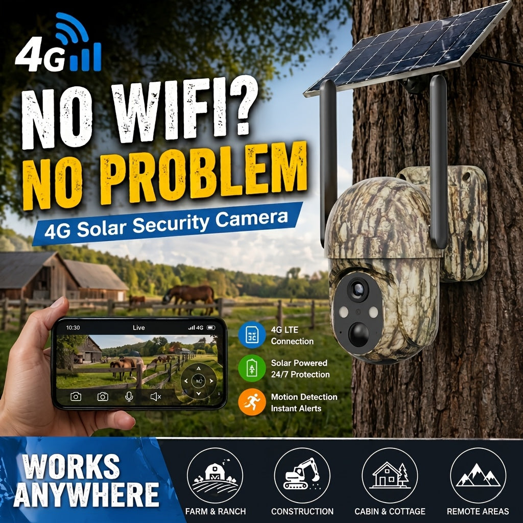 SEHMUA 4G LTE Cellular Solar Security Camera Wireless Outdoor, No WiFi Need Solar Powered Camera, Hunting & Farm Trail Camera With 360° Live View, 4K Night Vision, 2-Way Audio, Waterproof For Off-Grid Ranch & Wildlife Monitoring