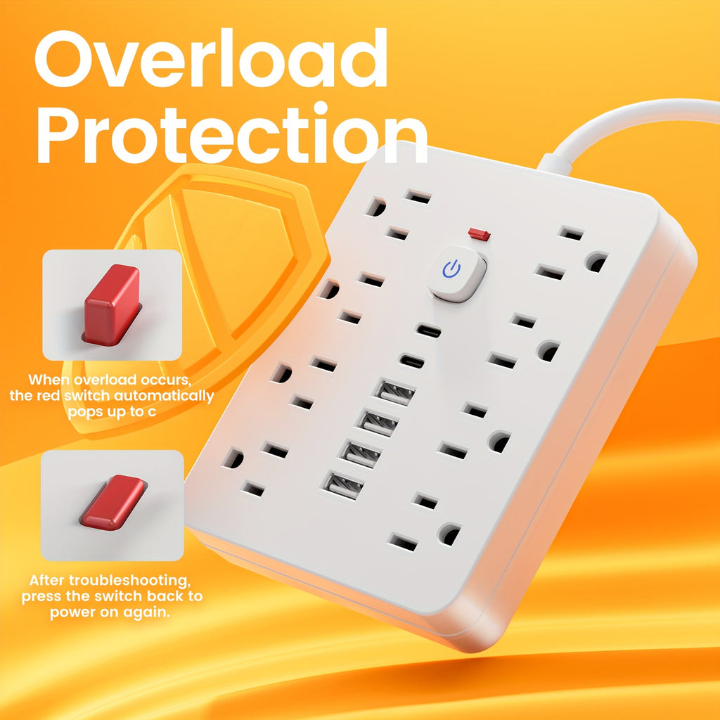 14-in-1 Power Strip with Surge Protector - 8 AC Outlets And 6 USB Ports (2 USB-C)|Flat Plug, Space-saving Design, Wall-mountable Multi-function Power Extension Cord, Overload Protection for Home, School And Office. Available In 5ft Or 10ft