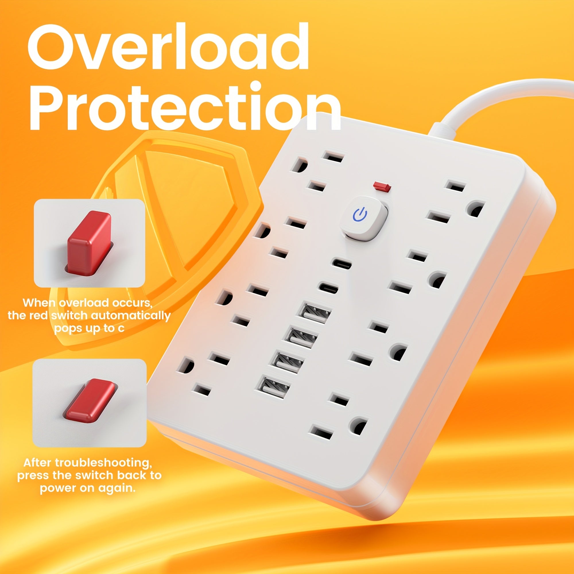 14-in-1 Power Strip with Surge Protector - 8 AC Outlets And 6 USB Ports (2 USB-C)|Flat Plug, Space-saving Design, Wall-mountable Multi-function Power Extension Cord, Overload Protection for Home, School And Office. Available In 5ft Or 10ft