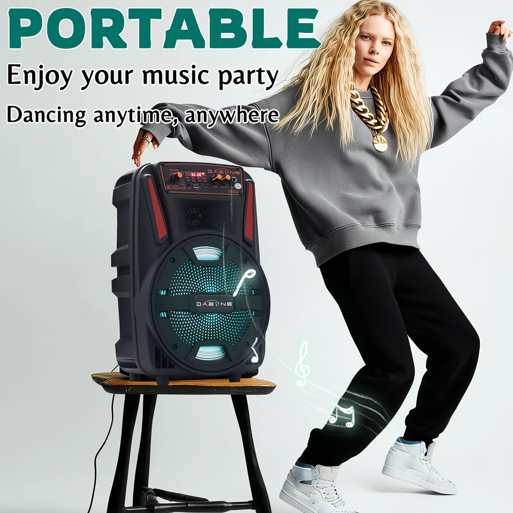 A 1000W Robust Portable Wireless Party Speaker Featuring an 8-Inch Woofer, Equipped with a Wired Microphone, Delivering Deep Bass, And Supporting USB, SD, FM, And AUX Inputs, with an 8-Hour Playtime Suitable for Djing, Karaoke, And Home Gatherings