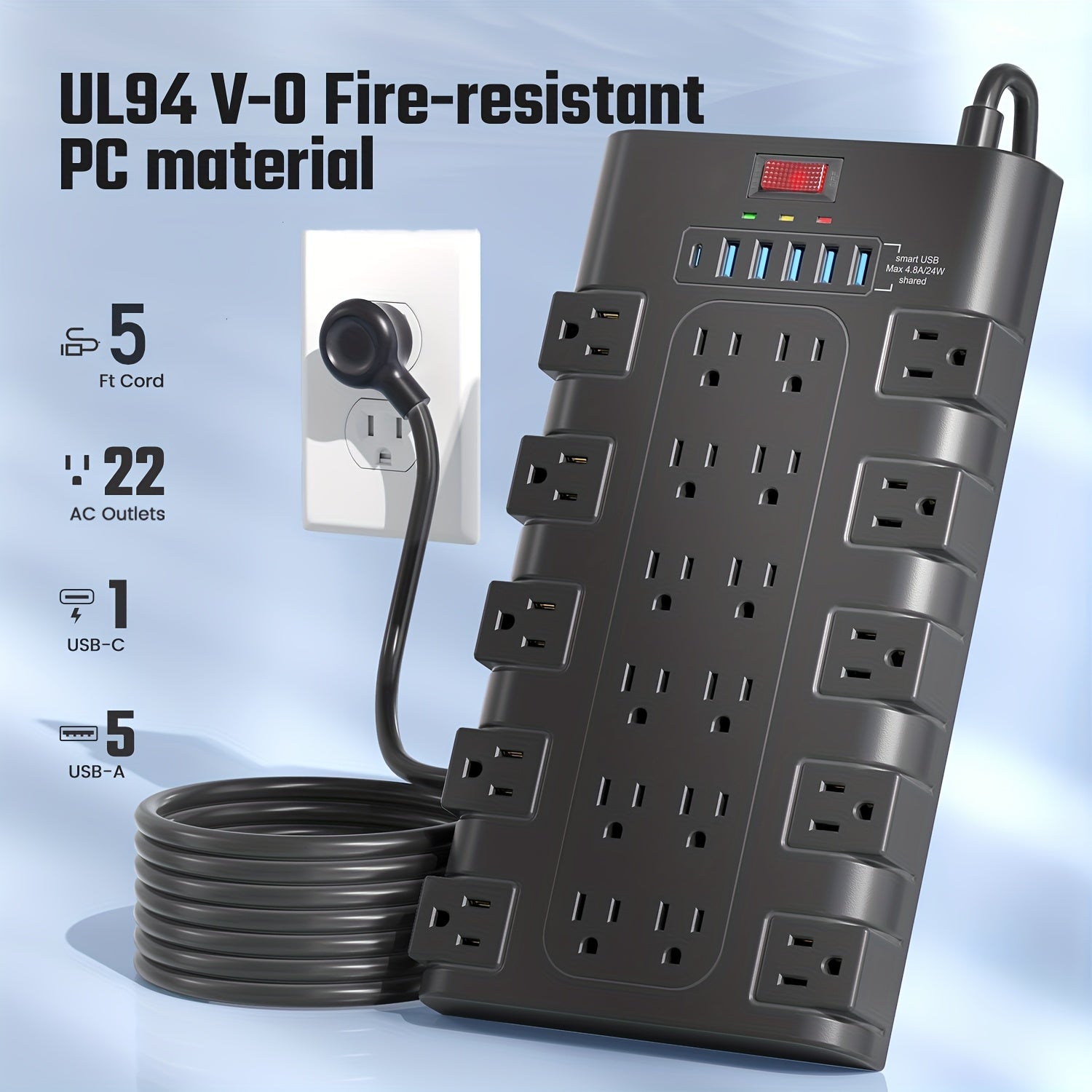 Extension Cord 5/7/13ft, Surge Protector Power Strip with 6 USB Charging Ports(24W/4.8A) And 22 AC Outlets(1875W/15A), 2100 Joules, Flat Plug Power Outlet, Wall Mount, Switch, Overload Protection for Home, Office, Dorm, Gaming Room, Black