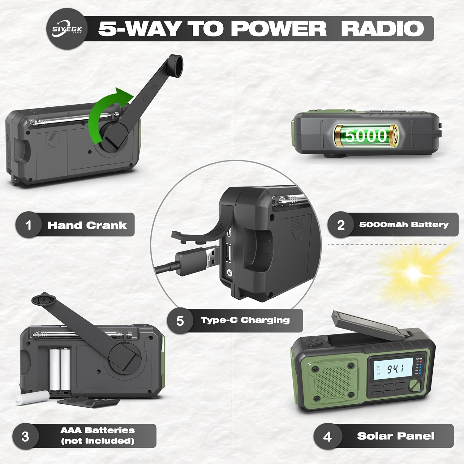 5000mAh Emergency Radio Hand Crank Weather Radio, Solar Powered Hand Crank Portable NOAA AM FM Battery Powered Radio with Flashlight Weather Alert, SOS Alert And Reading Light, Family Gift Survival Geara