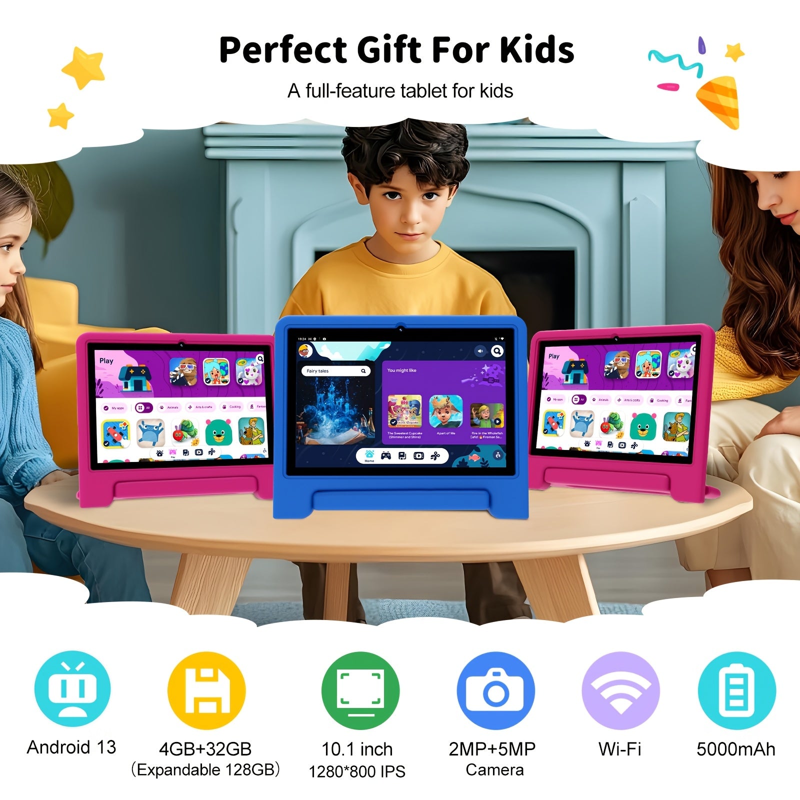 Android 13/15 Tablet, 10.1-inch Kids Tablet, 1280*800, 4GB/6GB RAM, 32GB/64GB ROM, WiFi, 5000mAh, Dual Camera, Parental Controls, Preloaded Apps, Games, Learning Education Tablet with Case, Tablet PC, Eye-Protection, Gift