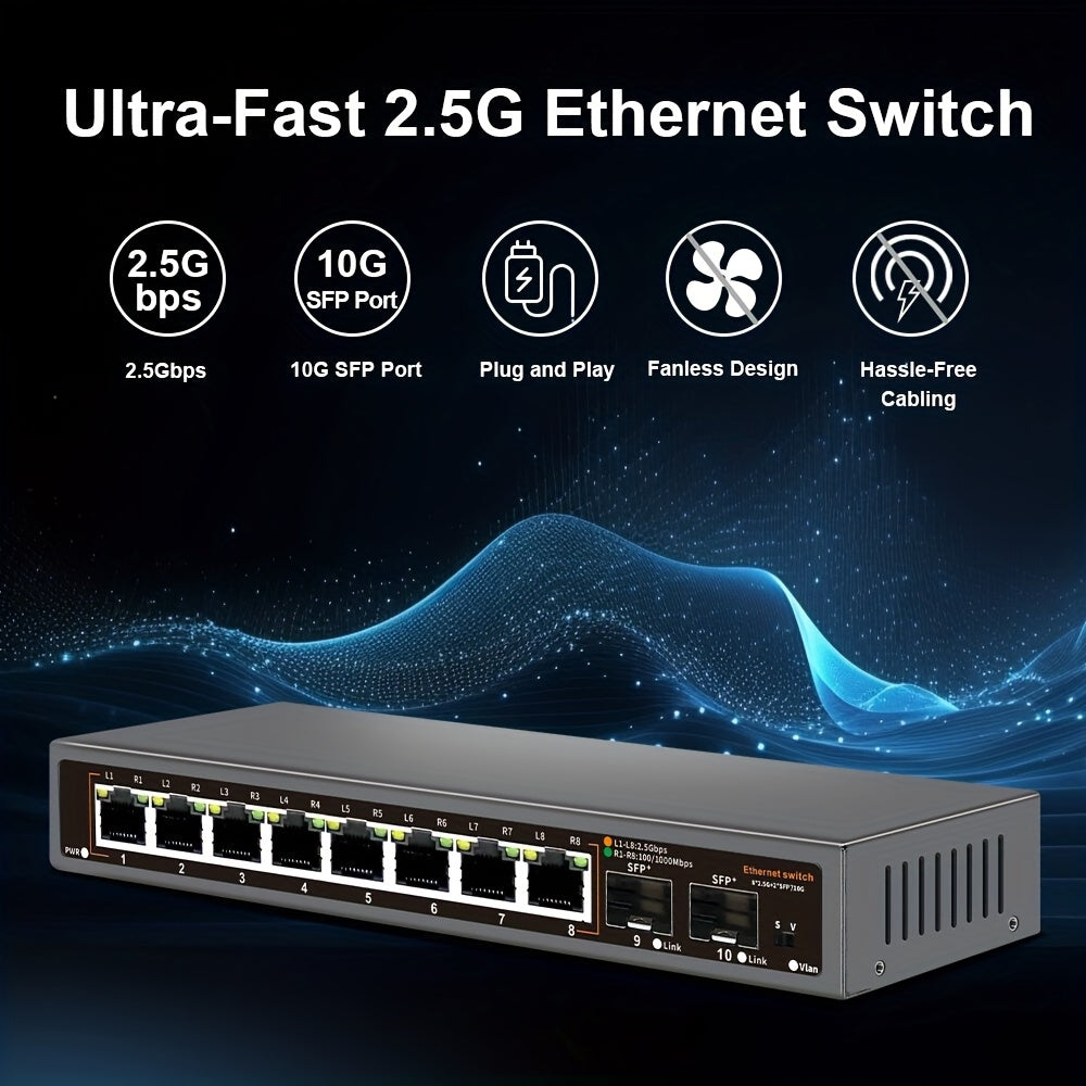 10-Port 2.5G Ethernet Switch, 8 X 2.5G RJ45 Ports, 2x 10G SFP+ Optical Ports, Compatible With 100/1000/2500Mbps Network Switches, Metal Fanless, Plug And Play, Suitable For Wireless AP, NAS, PC