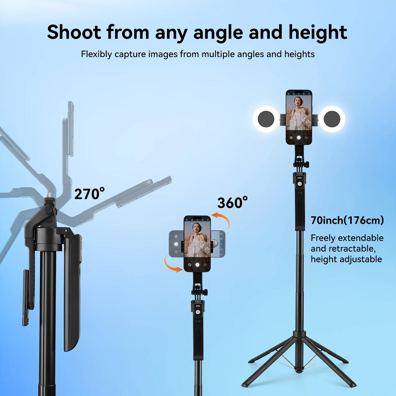 2025 New AI Selfie Stick Tripod, 360° Face Tracking. Multi-func Phone Mount W/ Remote & Fill Light, Adjustable Height, Sturdy Base. Compatible W/ iPhone & Android, for YouTube Recording & Travel Photography. Sleek Metal Finish, Durable.
