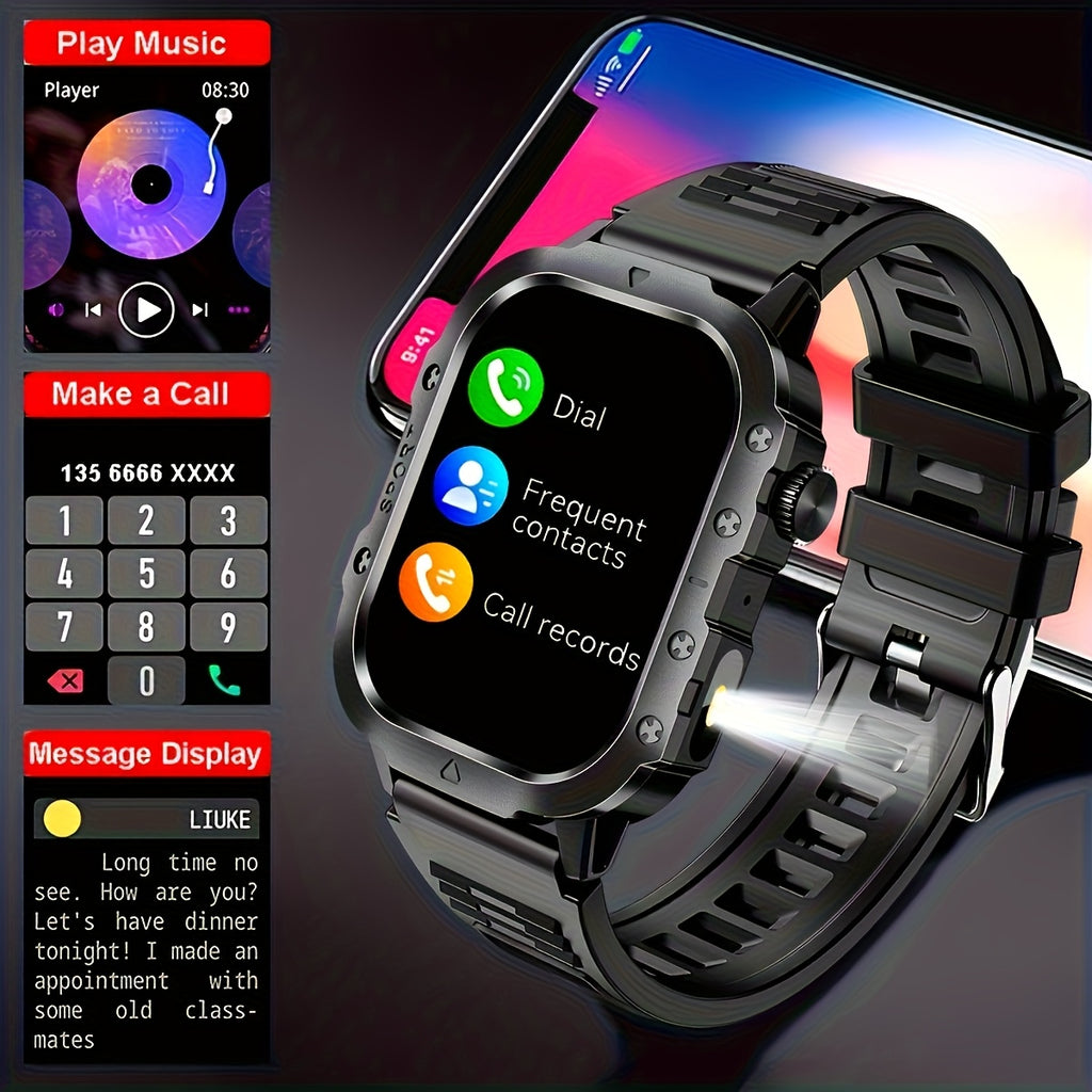2.01-inch Large Screen LED Flashlight Outdoor Smartwatch, Multiple Sports Modes, Message Reminders, Compatible with Android and iPhone, Stylish Fitness Tracker, Long-Lasting Battery, Multifunctional Watch, for Fitness Enthusiasts and Tech Savvy