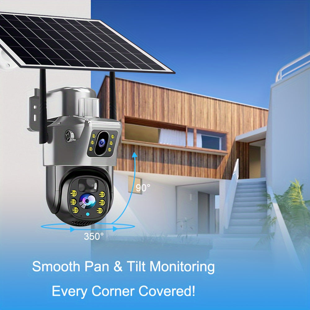 Solar Camera Wireless WiFi Surveillance Camera Security Camera V380 Outdoor 4G Surveillance Dual Lens Dual Picture HD Full Color 360 Degrees No Dead Angle Outdoor Camera Mobile Phone Remote Traffic Free Solar Panel Cloud Storage +TF Card, Property