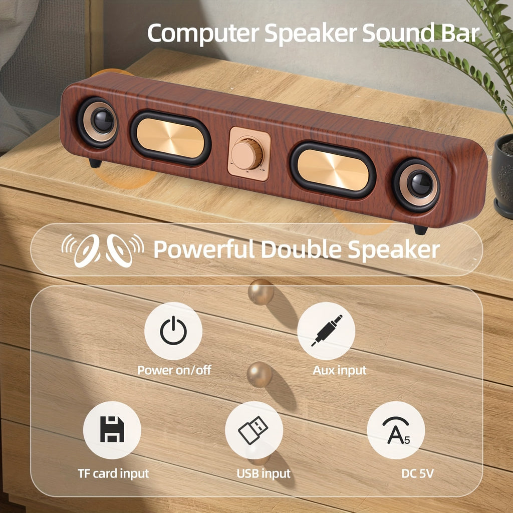 [Vintage|Wireless] Vintage 10W Wireless Bluetooth Sound Bar | Dual 2'' Speakers USB Wired, 3.5mm Aux-in Computer Speakers for Desktop Monitor