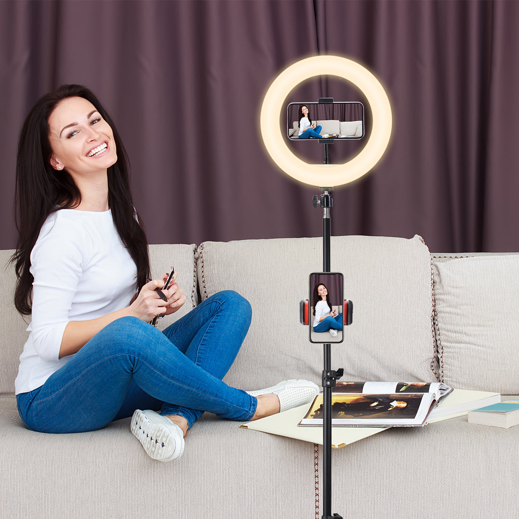 10/12'' Circular Selfie Ring Light, Desk Tripod And Phone Stand, Adjustable Height Ranging from 15 to 43 Inches, Dimmable LED Circular Light for Selfie Photography, Makeup, And Youtube