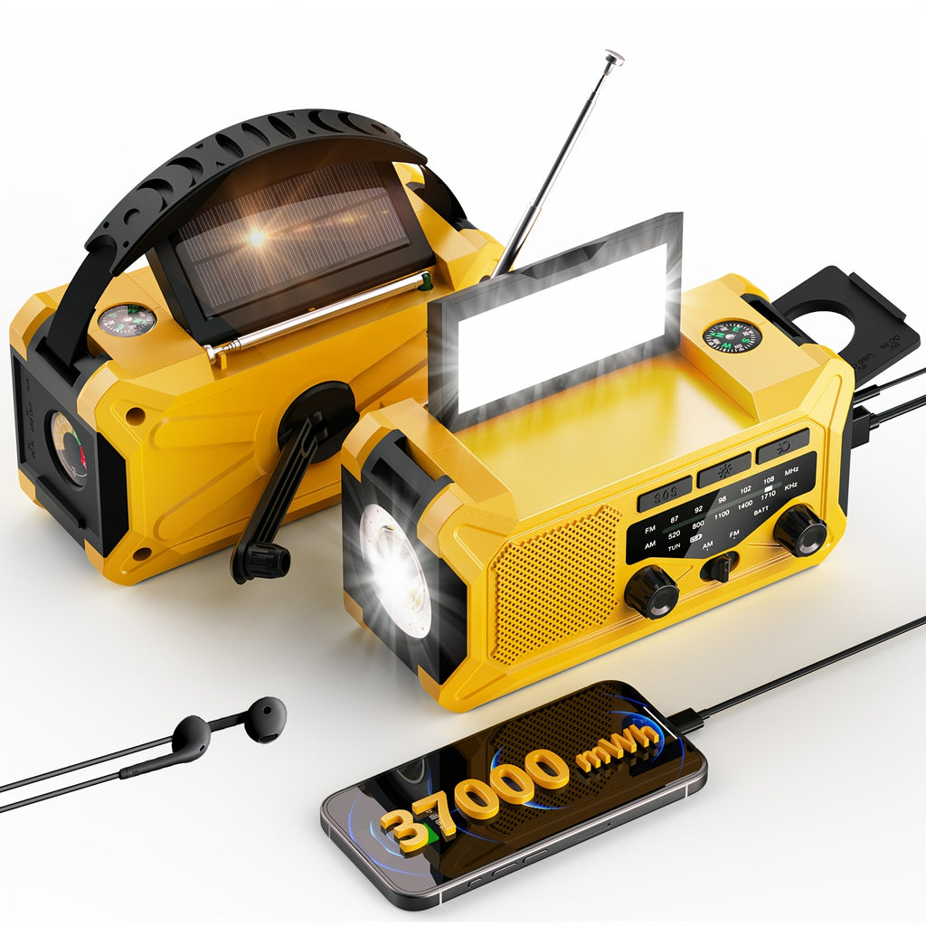 36800mwh 1 Pack Emergency Radios for Families with AM/FM, 3-Way Charging (Hand Crank/Solar/USB), Kid-Friendly SOS Alarm, Flashlight, Reading Light, Thermometer, Compass & 10000mAh Power Bank - Peace of Mind for Every Home Green/Yellow/Random Color