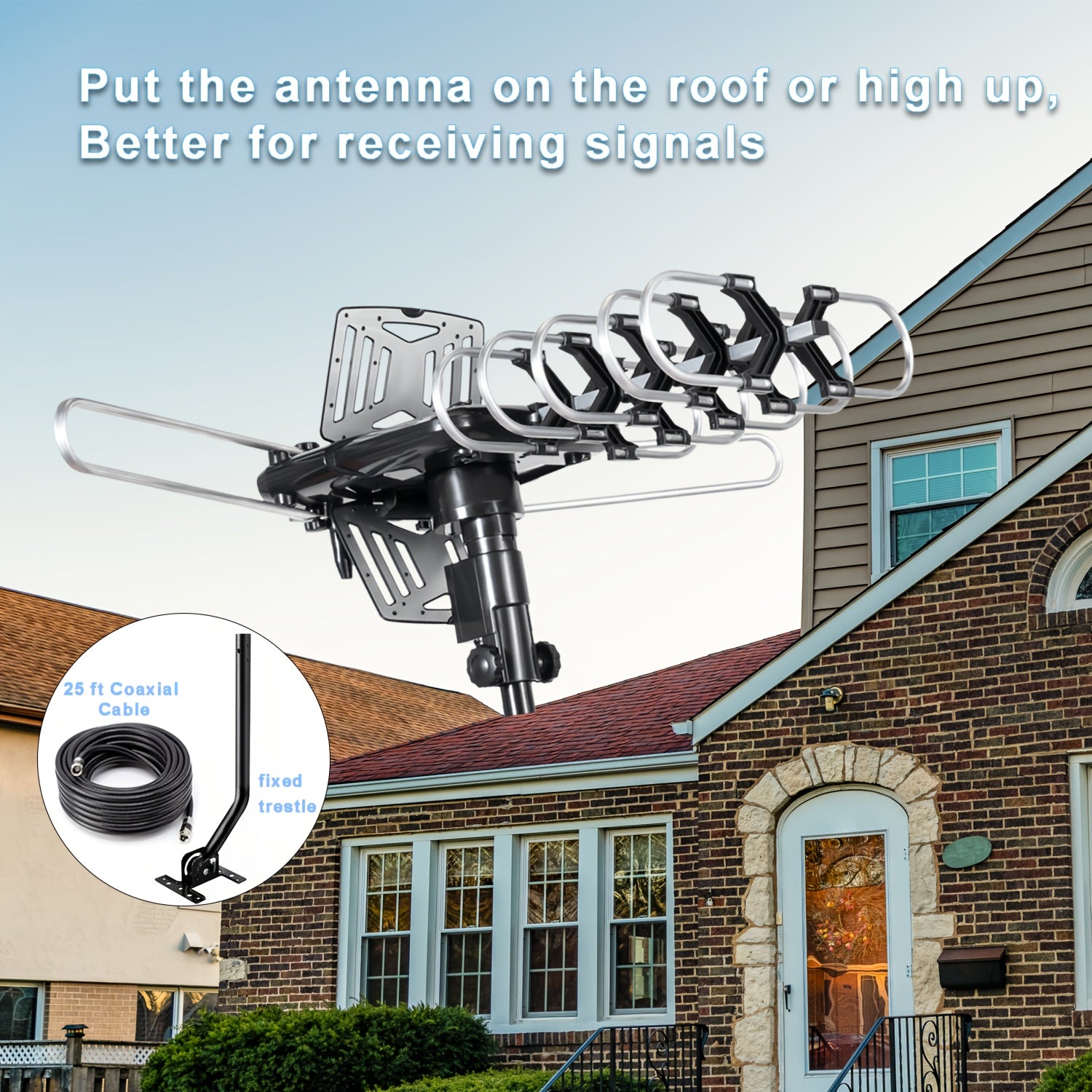 Outdoor HDTV Antenna, 150 Mile Motorized 360 Degree Rotation, Wireless Remote Control, 33FT RG6 Coax Cable, Support 2 TVs With Mounting Pole, Snap-On Installation