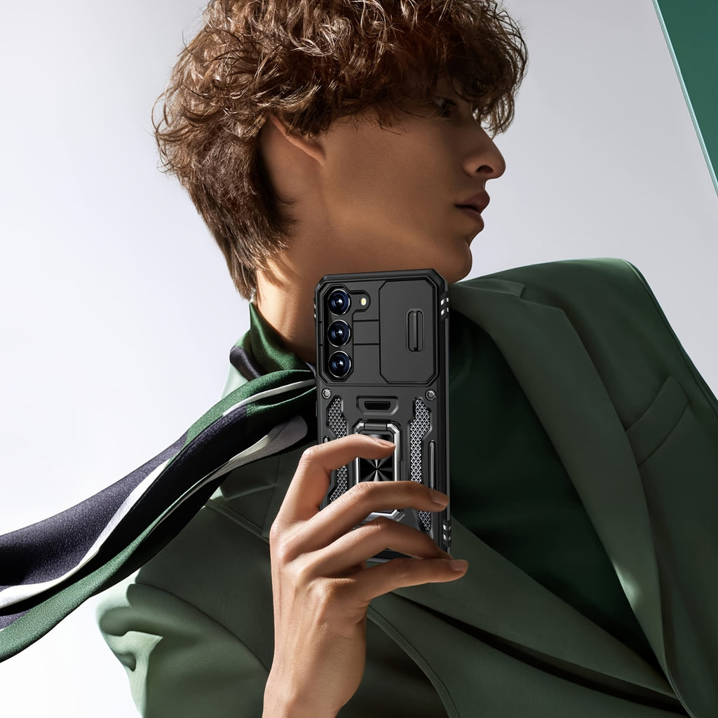 [Shockproof Magnetic Case] Phone Case - Suitable for Samsung Galaxy S24FE S23FE S22 S21FE Ultra A55 A54 A35 A34 A25 A24 A16 A15 A14 A06 A05 A05S 5G Series Heavy Duty Shockproof Magnetic 360° Rotating Ring Bracket Phone Case with Lens Sliding Window Protec