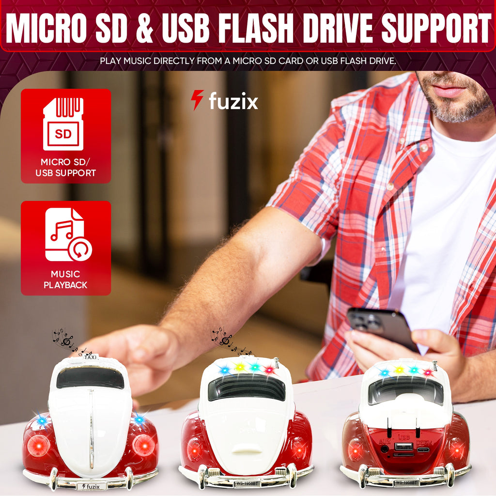 Fuzix WS-1958 Car Bluetooth Portable Speaker, Retro Car-Style Wireless Stereo Speaker with LED Headlights and Taillights, AUX/USB/TF/FM Radio Support, Rechargeable Battery, Clear and Powerful Sound Quality, Multiple Playback Modes, High-Quality Festival G