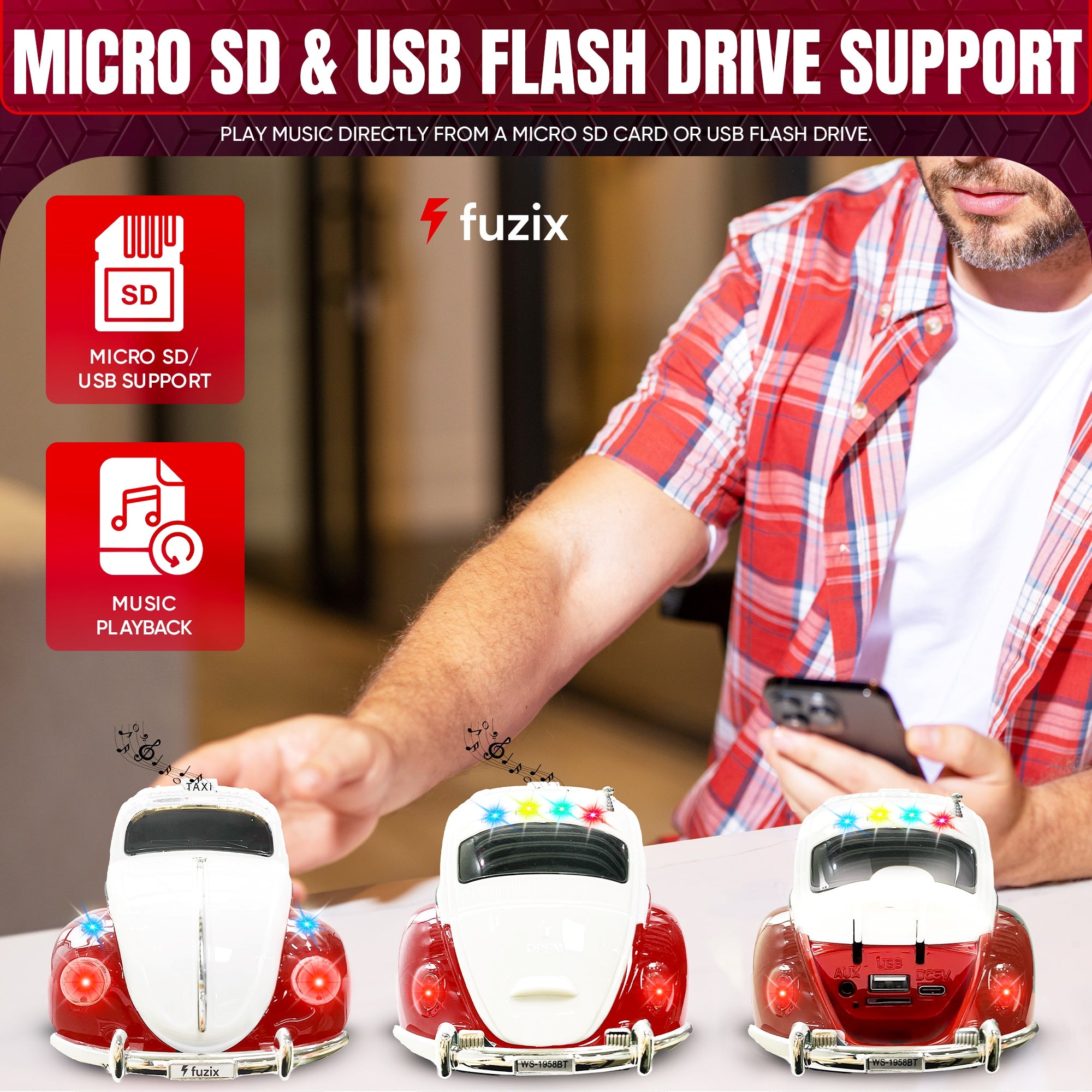 Fuzix WS-1958 Car Bluetooth Portable Speaker, Retro Car-Style Wireless Stereo Speaker with LED Headlights and Taillights, AUX/USB/TF/FM Radio Support, Rechargeable Battery, Clear and Powerful Sound Quality, Multiple Playback Modes, High-Quality Festival G