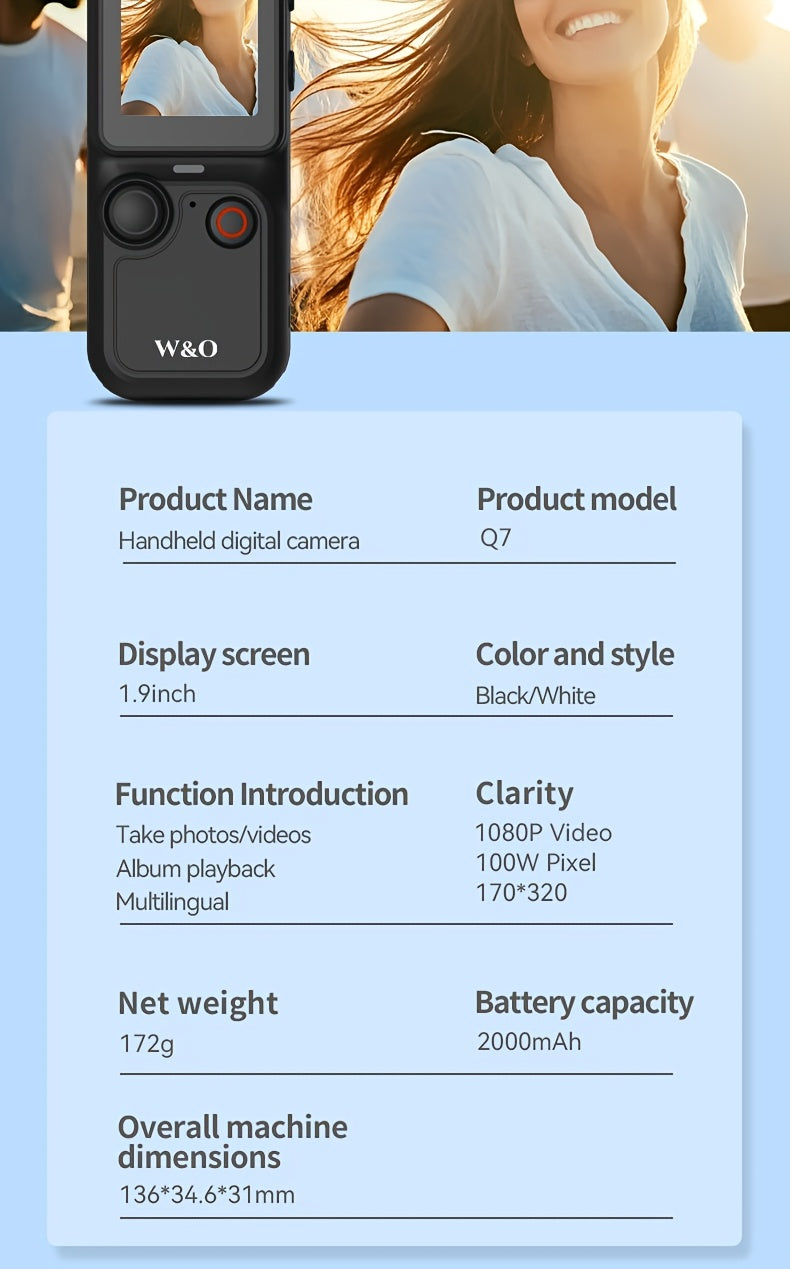 W&O Video Recording Pocket Camera - 1.9 Inch Screen, 180° Rotating Camera Shot, 2000mAh Battery, USB-C Charging, Webcam Camera, 32G Memory Card, Outdoors Sports Camera, Suitable for Cycling, Travel, And Personal Use - Great Birthday Christmas Gift.