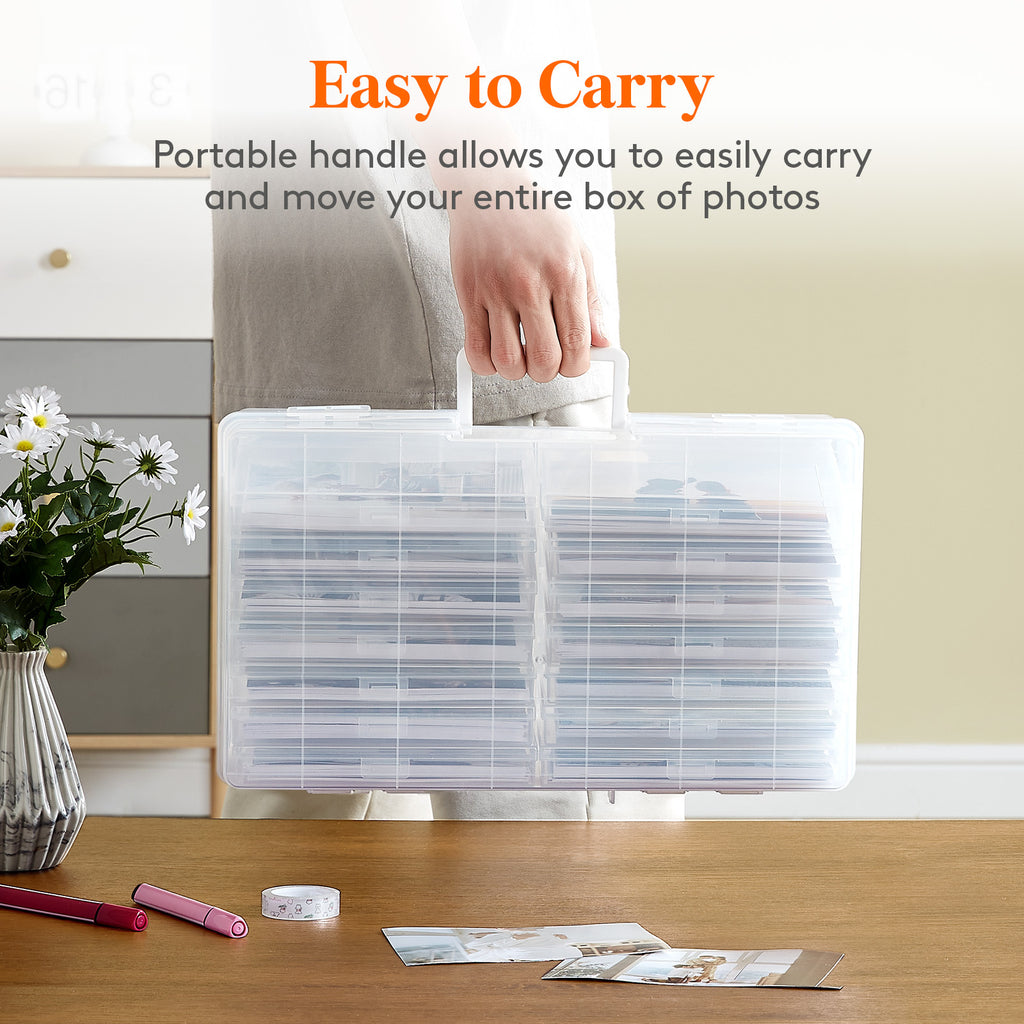 Photo Storage Box 4x6 Photo Case, 14 Inner Photo Keeper, Clear Photo Boxes Storage with 1 Sheet Label Sticker, Plastic Craft Storage Box with lids for Cards Pictures Stamps Office Supplies