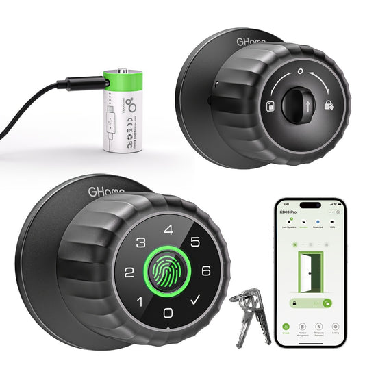 GHome Smart 4-in-1 Fingerprint Door Knob Lock With Biometric Handle, Keypad, App Control, USB Type-C Rechargeable Battery, Wireless Connection, Anti-Peep Password, Emergency Power Support, Alarm System, Remote Control Via Gateway