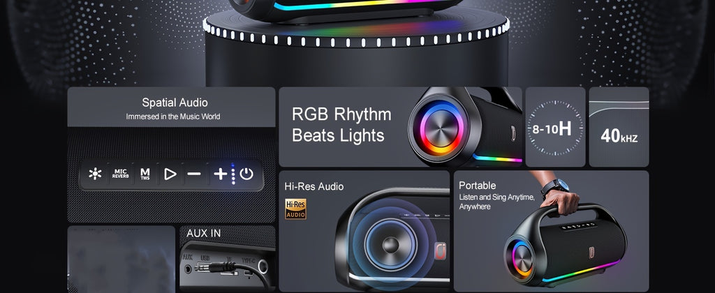 JYX D20 Portable Outdoor Wireless Bass Speaker - Features 3D Surround Sound, Stunning RGB Lighting, Wireless Stereo Capability - Delivers Powerful Deep Bass, Ideal for Parties, Boombox for Both Indoor And Outdoor Use, Perfect Christmas Gift