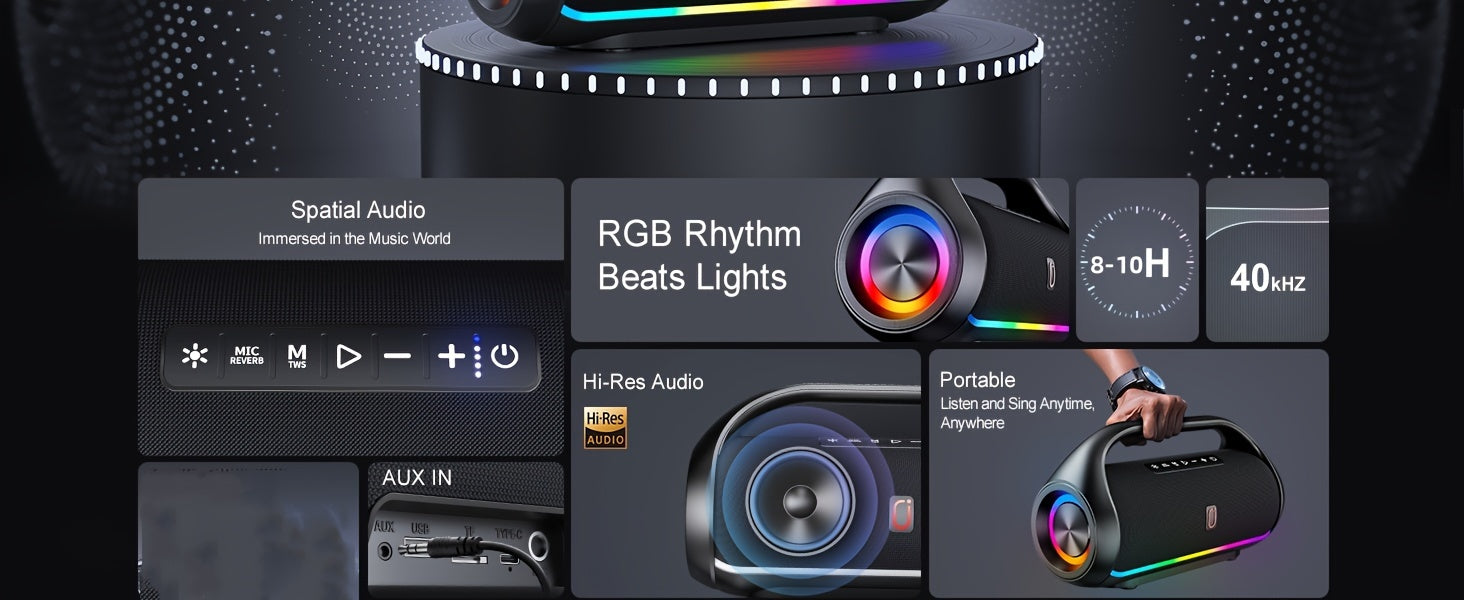 JYX D20 Portable Outdoor Wireless Bass Speaker - Features 3D Surround Sound, Stunning RGB Lighting, Wireless Stereo Capability - Delivers Powerful Deep Bass, Ideal for Parties, Boombox for Both Indoor And Outdoor Use, Perfect Christmas Gift