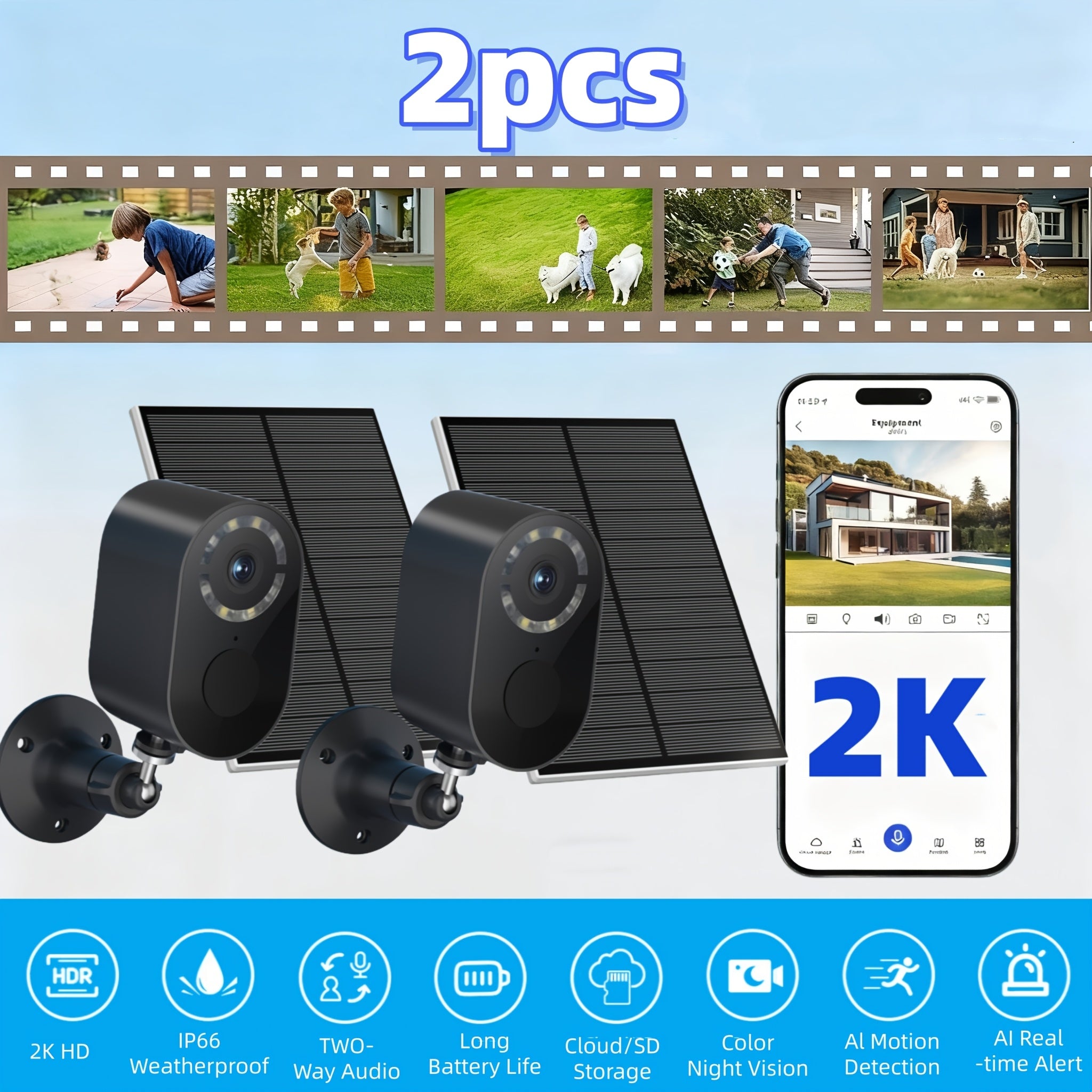 Outdoor Solar-powered Surveillance Camera, 2K High-definition Indoor/outdoor Low-power Monitoring, Waterproof, Pet/baby Surveillance Camera, 2.4G Wi-Fi, Two-way Voice Call, Human Figure Alarm Function, Color Night Vision