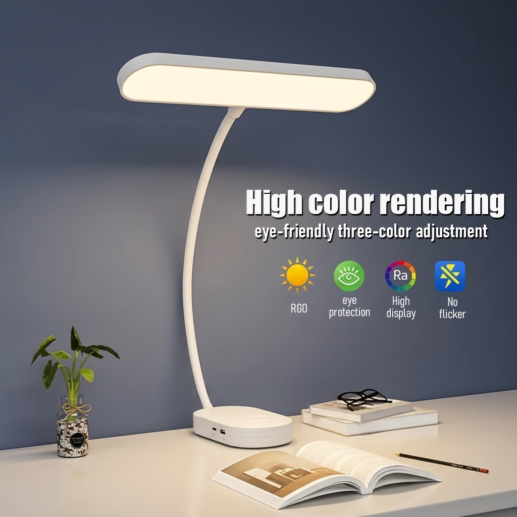 LED Eye-Care Reading Lamp, Flexible Gooseneck Book Light, 3 Color Temperature Dimmable Desk Lamp with USB Charging Port, No Flicker Table Lamp for E-Book, Study, Office & Bedroom