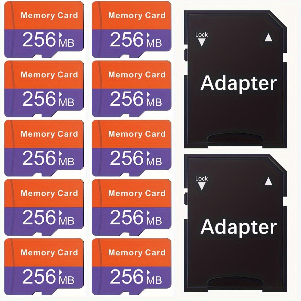 Set of 10 SD Cards with Capacities of 256MB, 128MB, And 512MB, Including Adapters. These High-Speed Flash Memory Cards Are Compatible with Tablets, Cameras, Phones, Laptops, Pcs, Car Stereos, Game Consoles
