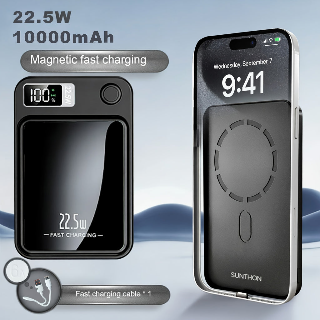 Sunthon Magnetic Wireless Charging Power Bank, 10000/5000mAh Portable Wireless Charger, 22.5W/PD20W Fast Charging Battery Pack, with LED Power Display, 2 Outputs And Dual Input External Battery Pack for iPhone 17/16/15/14/13/12 And Android Universal