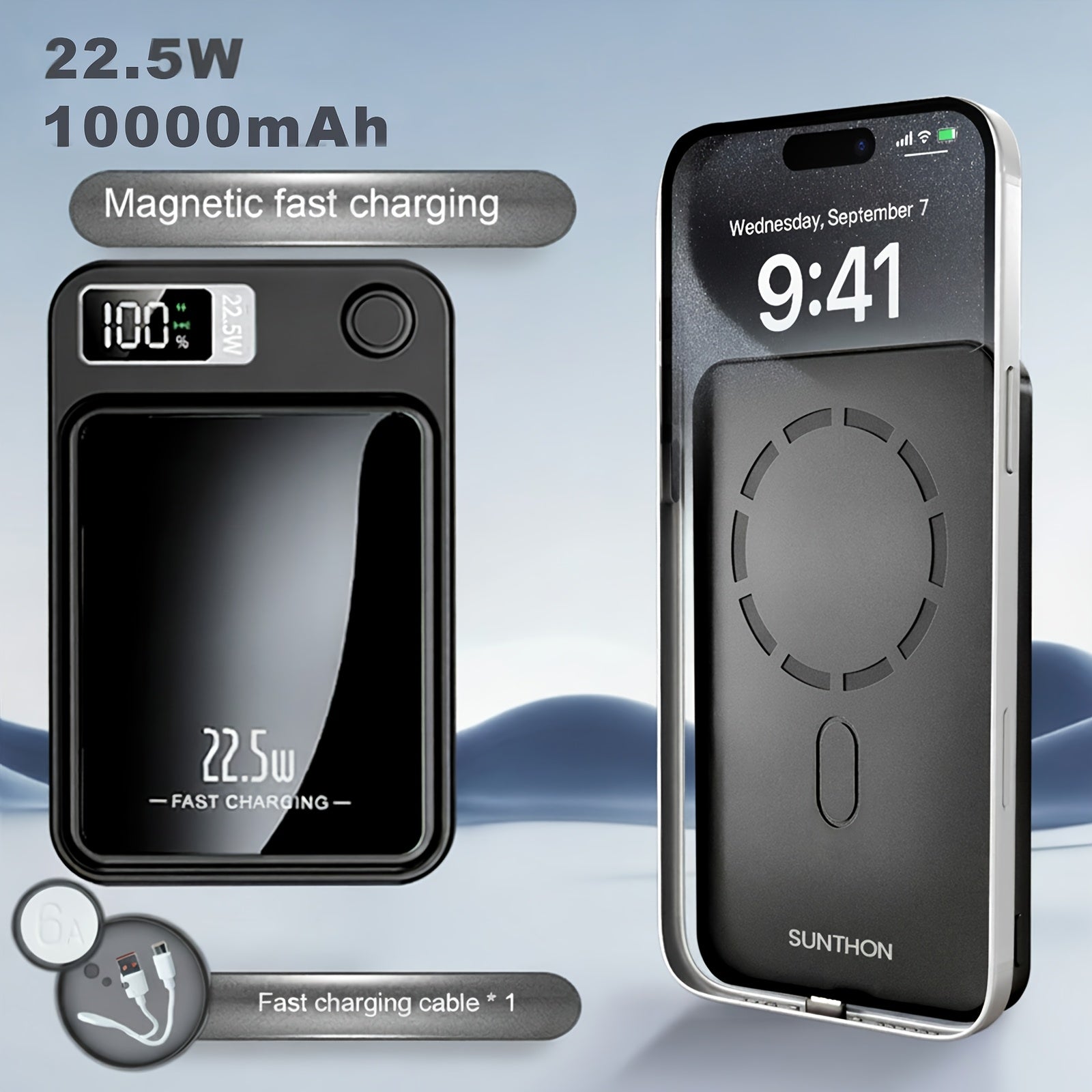 Sunthon Magnetic Wireless Charging Power Bank, 10000/5000mAh Portable Wireless Charger, 22.5W/PD20W Fast Charging Battery Pack, with LED Power Display, 2 Outputs And Dual Input External Battery Pack for iPhone 17/16/15/14/13/12 And Android Universal