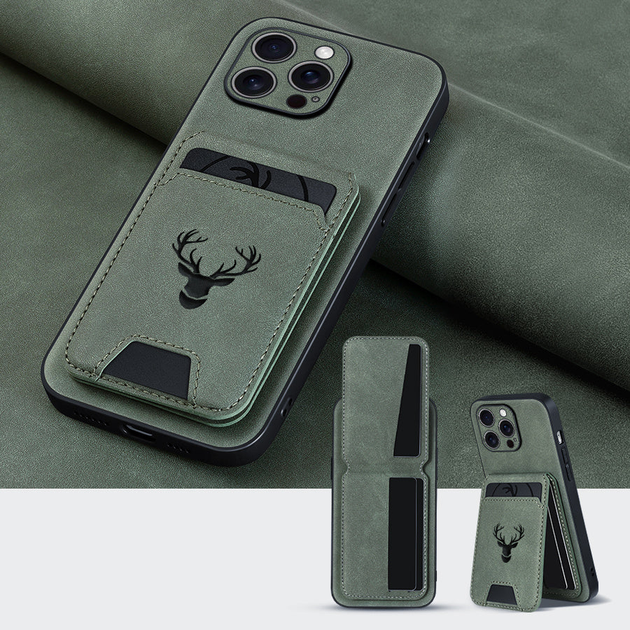 Wallet Phone Case Compatible with iPhone 16E/ 16promax/ 15plus/ 14pro/ 13promax/ 12/ 11, Luxury PU Leather, Card Holder and Stand, Moose