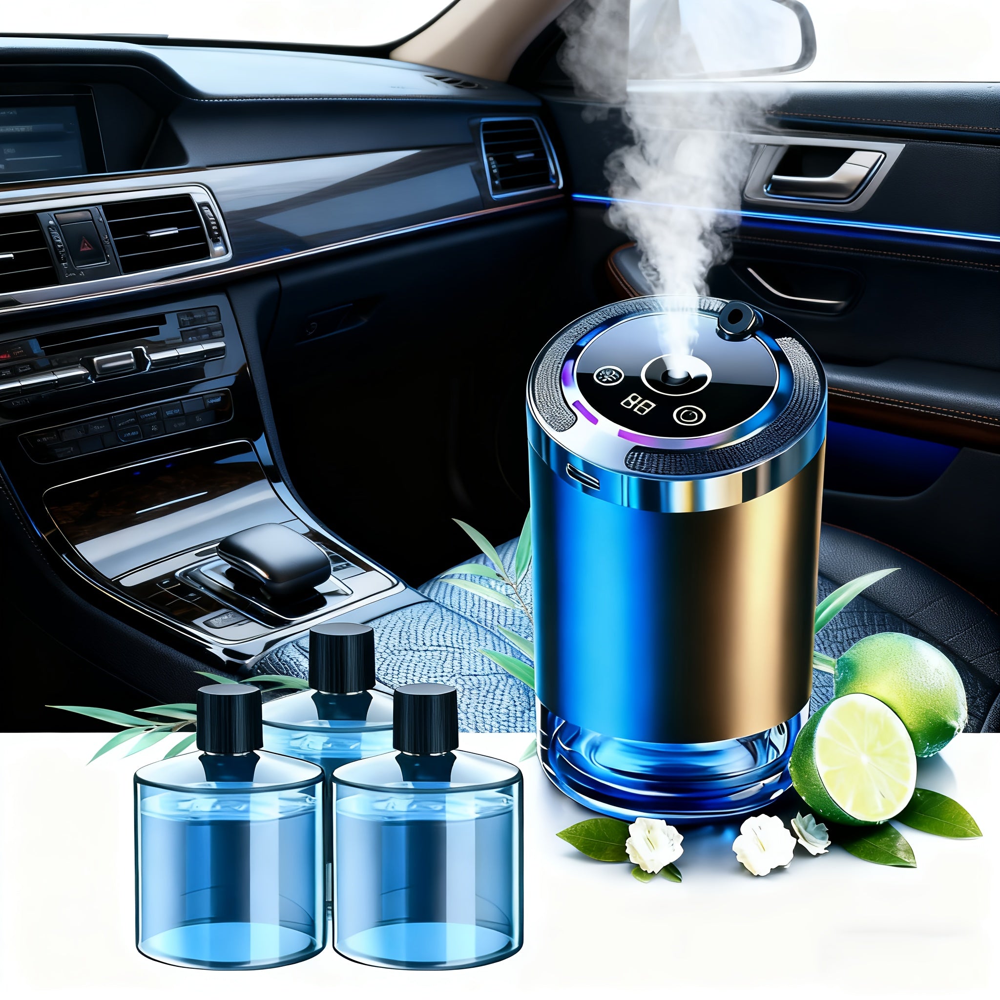 [Car Aroma Diffuser] Smart Car Aroma Diffuser - Comes With 1/3 Bottles Of 50ml Ocean-Scented Essential Oils, Car Air Freshener, Car Aroma Diffuser, Humidifier, Starry Sky Projection, And Ambient Light. Essential Oil Diffuser, The Essential Oil Diffuser Fe
