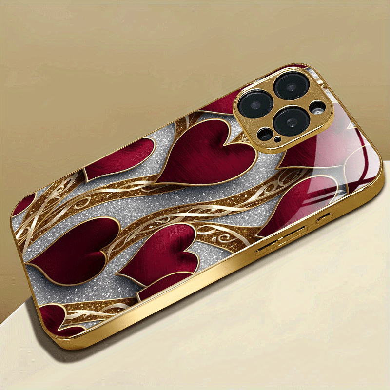 Phone Case - Mobile Cover: Luxurious Red And Golden Heart Design, Stylish And Innovative Look, Chic Instagram Aesthetic, Lightweight, Cutting-Edge, Compatible with for Iphone 16, 15 Pro, 15 Pro Max, 14 Plus, 13, 12