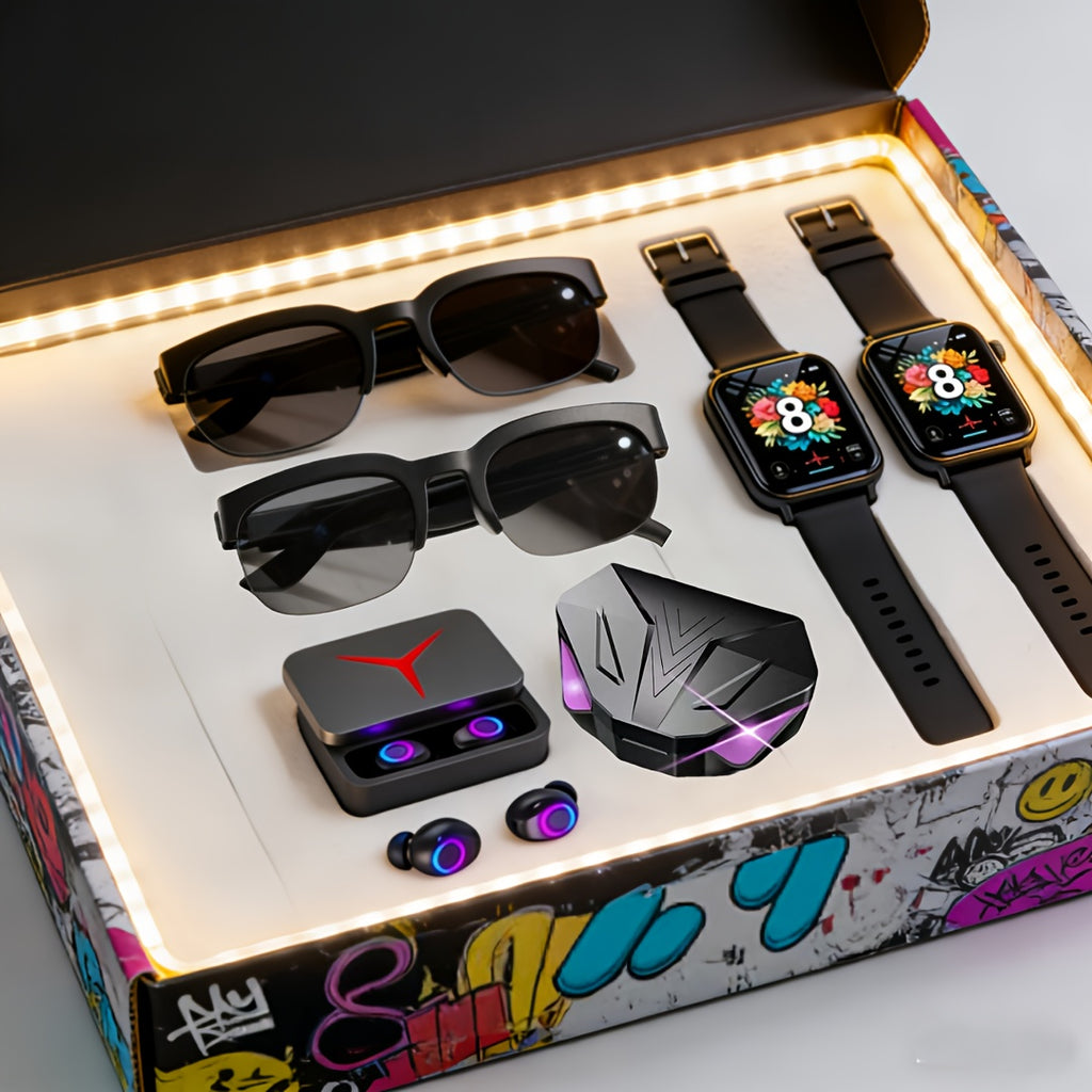 [Holiday Gifts] Smart Technology 2pcs Set! Ai Real-Time Translation Smart Glasses, Self-Contained Microphone Audio Glasses, Full-Touch High-End Smart Watches, Popular Hot Wireless Sports Headphones, Gaming Headphones, Suitable for Business Travel/Holiday