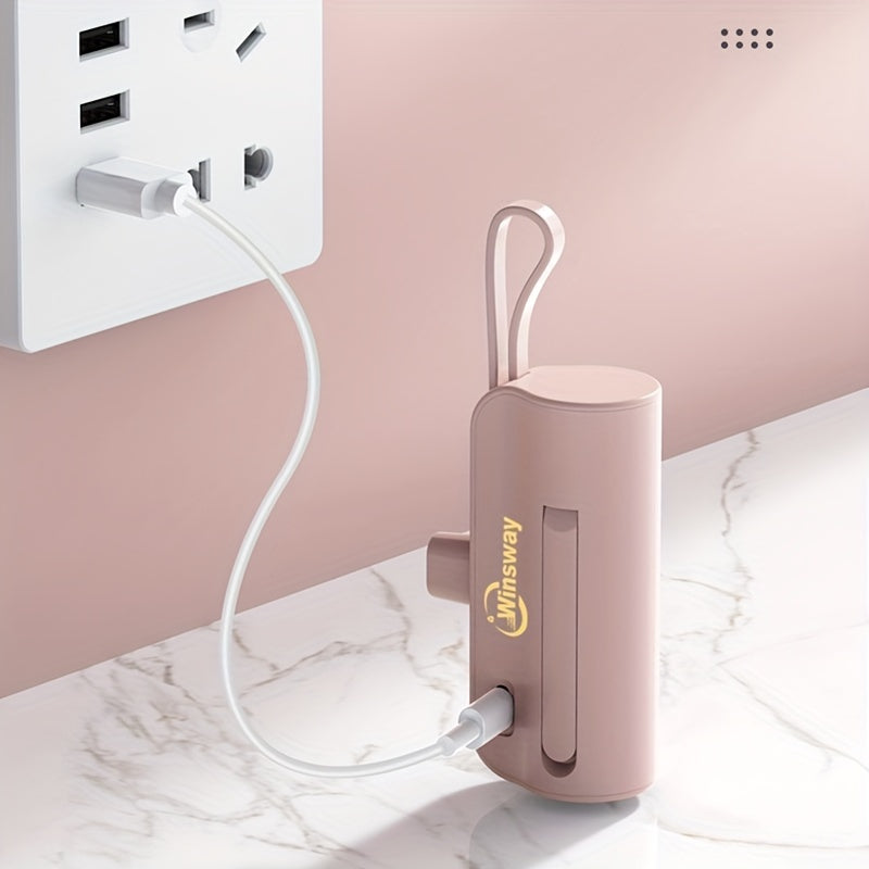 WINSWAY Dual Port 5000mAh Capsule Mini Pocket Mobile Power Bank, Portable Fast Charging Wireless Phone Holder Charger, Comes with Type-C Data Cable, Can Charge Two Phones At The Same Time, Compatible with Android, Samsung And Other Devices, Suitable