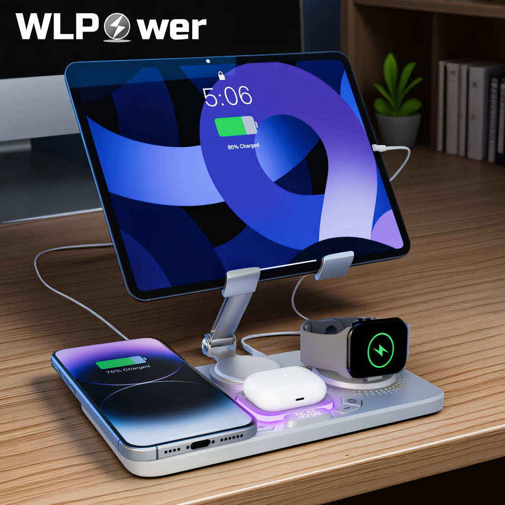 Wlpower 6-In-1 Wireless Charging Station for Multiple Devices with Clock Display And Atmosphere Light, 15W Max Fast Charging Dock with Tablet Stand, for Iphone 17/17 Air 16 15 14 13 12 Plus Pro Max, for Airpods And for Iwatch Series, Christmas Gifts