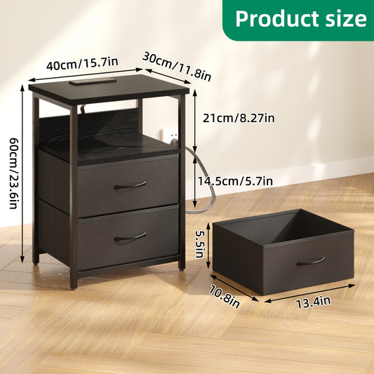 [LED Nightstand Set] WHONLINE 1/2pcs Night Stand With Charging Station, LED Nightstand Set Of 1/2, Smart Night Stand With U-S-B Ports And Outlets, 2 Fabric Storage Drawers With PU Finish, Bed Side Table For School And Dormitory Storage, White Or Black