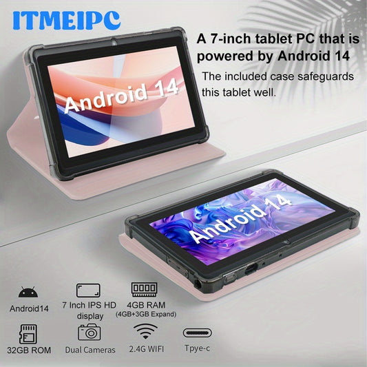 ITMEIPC 7-inch Android 14 Tablet with Protective Case, 4GB (2+ Expandable to 2) RAM + 32 GB Storage, Overclocked Quad-Core Processor & for memory Card Support. HD IPS Display and Dual Cameras for Office Work/Study Reading Entertainment at Home or