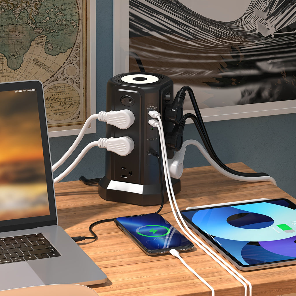 Angled Flat Plug 12 AC Outlets Power Strip Tower with USB C Port(PD18W/PD20W), Surge Protector Power Tower with 5 USB Ports, Extension Cord Desktop Power Strip for Home Office DormRoom